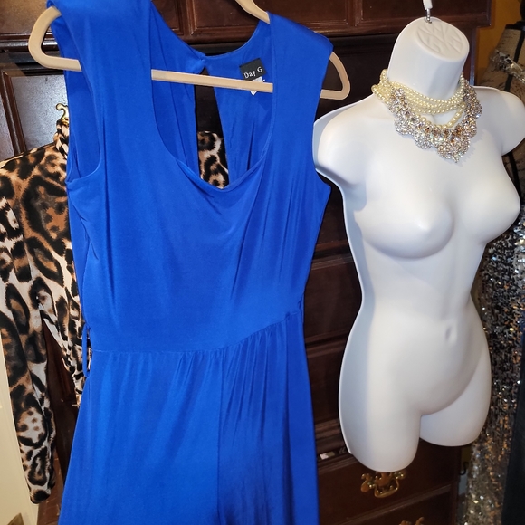Blue jumpsuit wide leg shoulder pads slinky figure flattering romper Day G - Picture 6 of 13